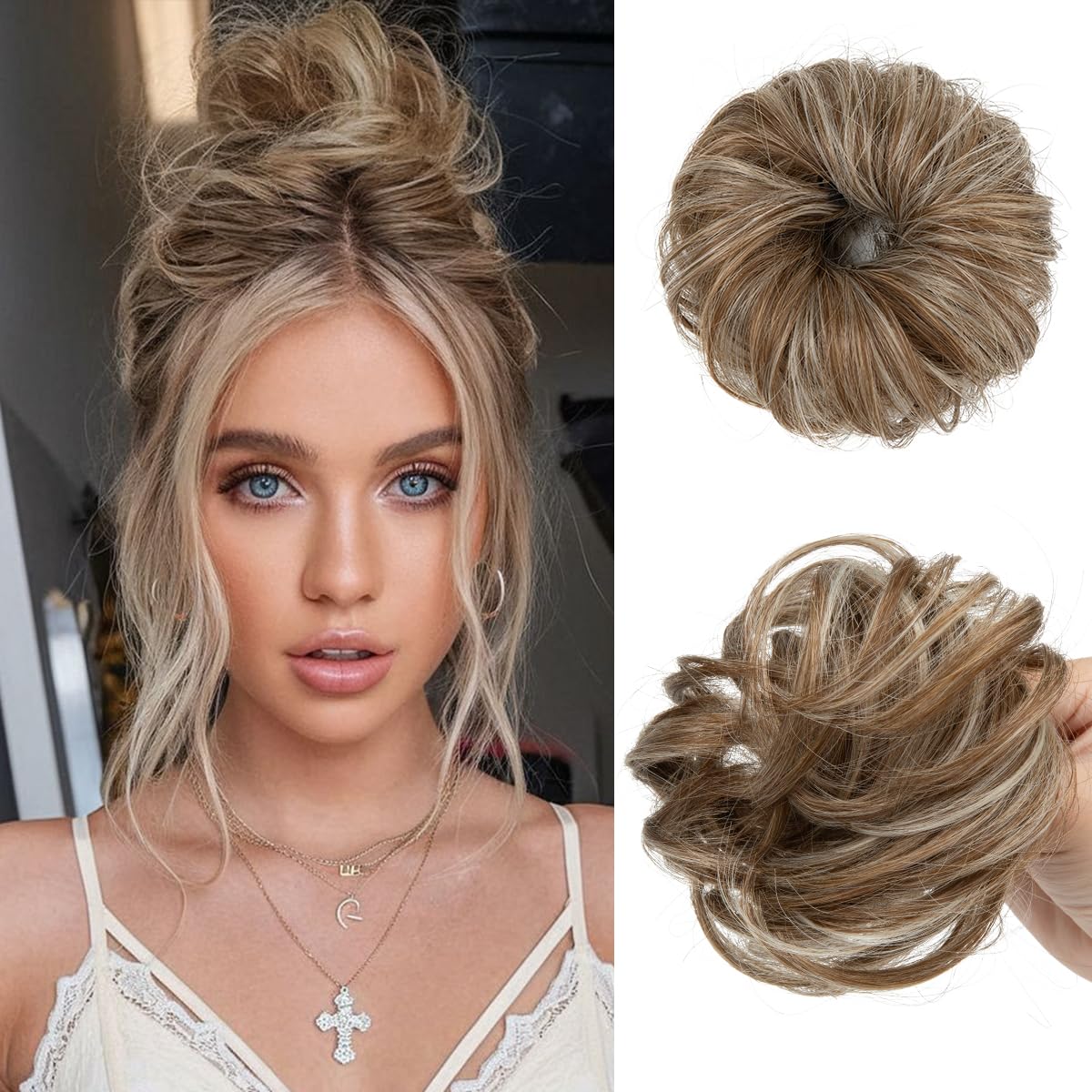 CJL HAIR 2PCs Small Cute Messy Bun Hair Piece for Thin Hair Women Mini Synthetic Curly Bun Scrunchies Updo Hairpieces Dirty Blonde