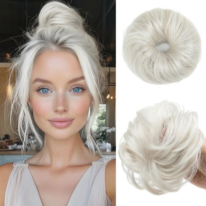 CJL HAIR 2PCs Small Cute Messy Bun Hair Piece for Thin Hair Women Mini Synthetic Curly Bun Scrunchies Updo Hairpieces Dirty Blonde