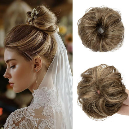 CJL HAIR 2PCs Small Cute Messy Bun Hair Piece for Thin Hair Women Mini Synthetic Curly Bun Scrunchies Updo Hairpieces Dirty Blonde