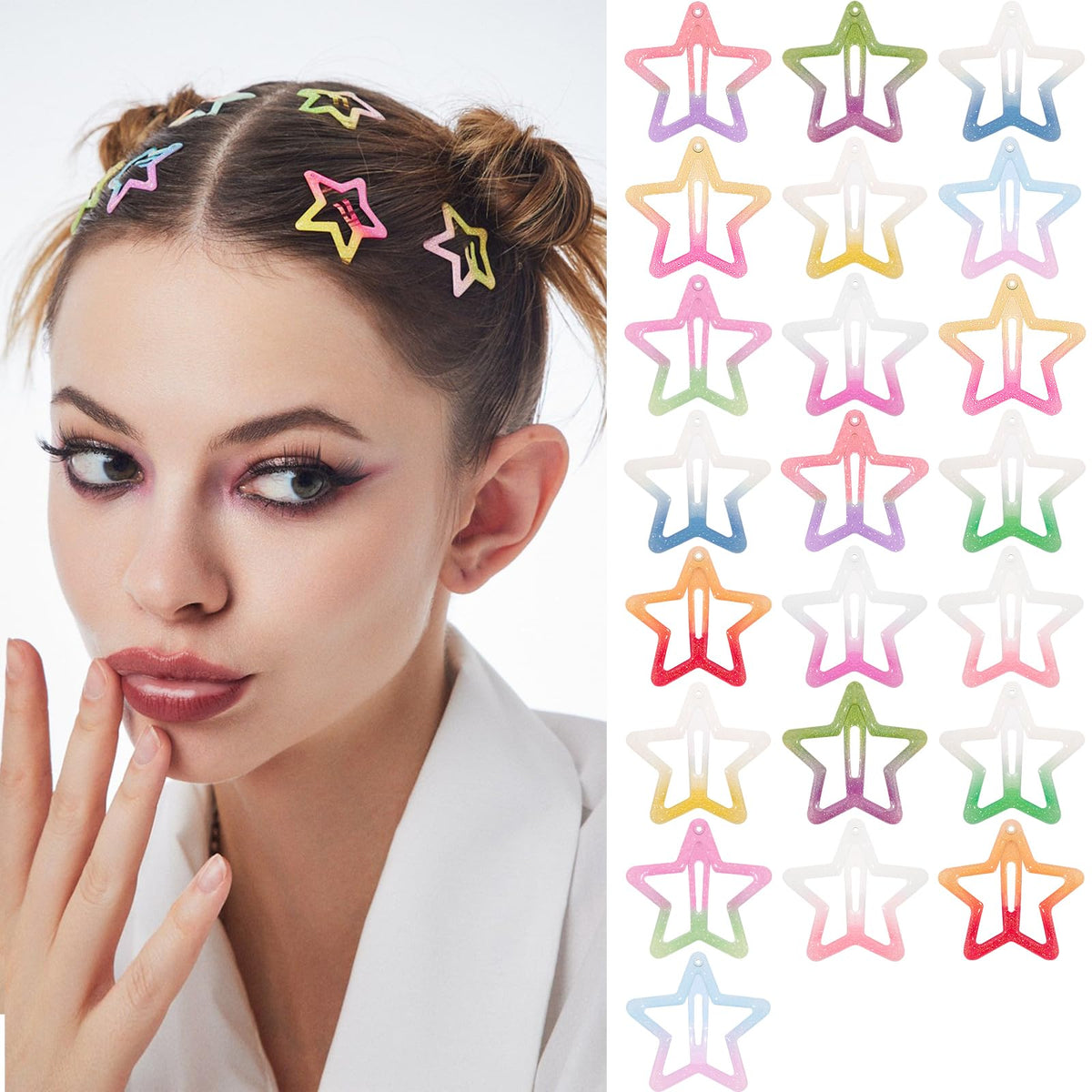 Star Hair Clips 2000s Y2K Snap Hair Barrettes Non Slip Star Hair Accessories Silver Metal Hair Clips for Girls Women -15 PCS 1.57"