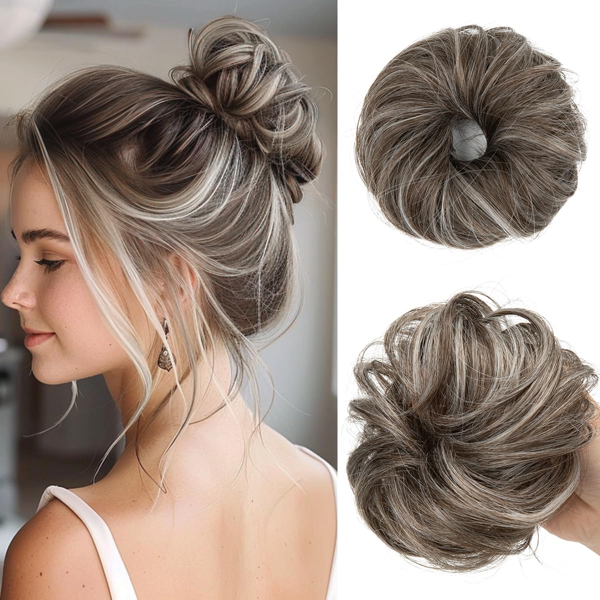 CJL HAIR 2PCs Small Cute Messy Bun Hair Piece for Thin Hair Women Mini Synthetic Curly Bun Scrunchies Updo Hairpieces Dirty Blonde