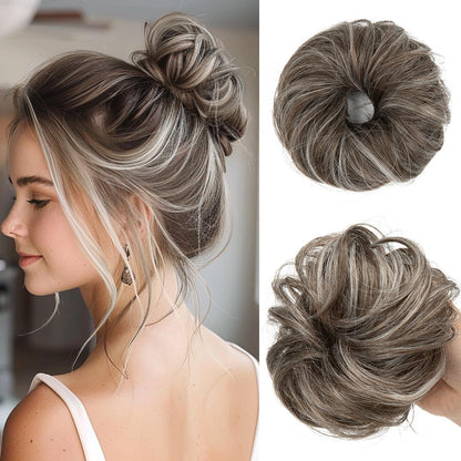 CJL HAIR 2PCs Small Cute Messy Bun Hair Piece for Thin Hair Women Mini Synthetic Curly Bun Scrunchies Updo Hairpieces Dirty Blonde