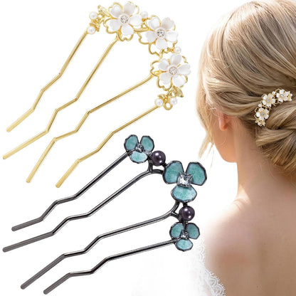 SmallCat 2 Pcs Pearl U Shaped Hair Pins for Buns, Black & Gold