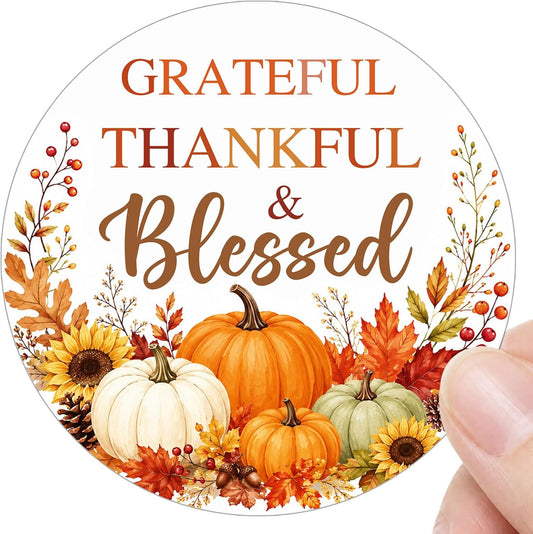60 Pcs Grateful Thankful Blessed Stickers, Thanksgiving Harvest Labels with Pumpkin Design for Treat Bags, Gift Boxes, Envelopes, Friendsgiving Favors, Teachers & Hosts, 2 Inch