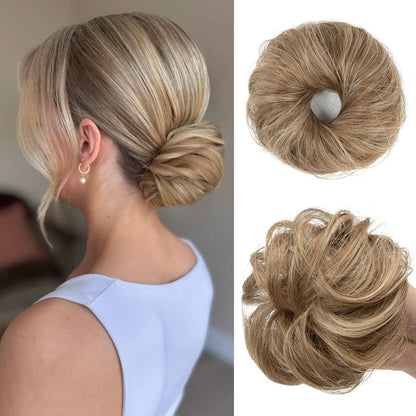 CJL HAIR 2PCs Small Cute Messy Bun Hair Piece for Thin Hair Women Mini Synthetic Curly Bun Scrunchies Updo Hairpieces Dirty Blonde