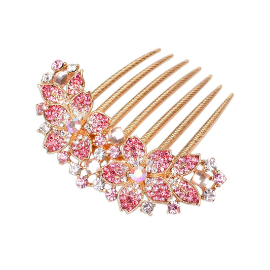 Women Rhinestone Inlaid Flower Hair Comb Hairpin Barrette Accessory,Also Perfect Mother's Day Gifts for Mom (Pink)