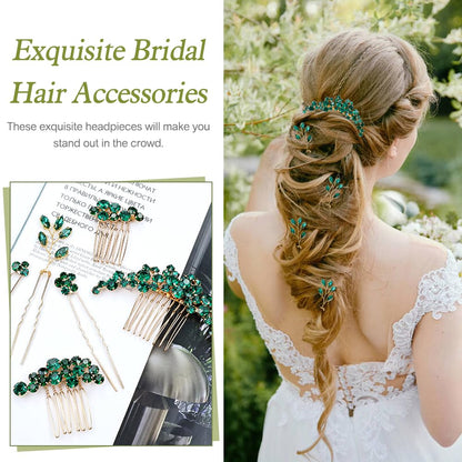inSowni 11 Pieces Vintage Emerald Green Headpieces Party Prom Wedding Bridal Rhinestone Hair Side Combs Slides+U-shaped Hair Pins Accessories for Brides Bridesmaids Women Girls
