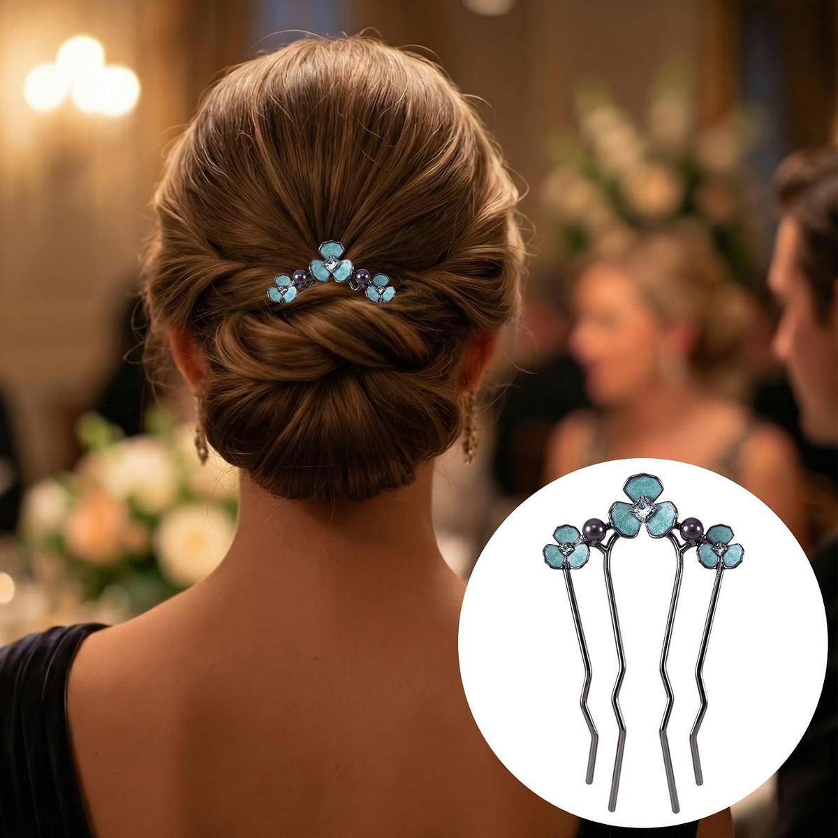 SmallCat 2 Pcs Pearl U Shaped Hair Pins for Buns, Black & Gold