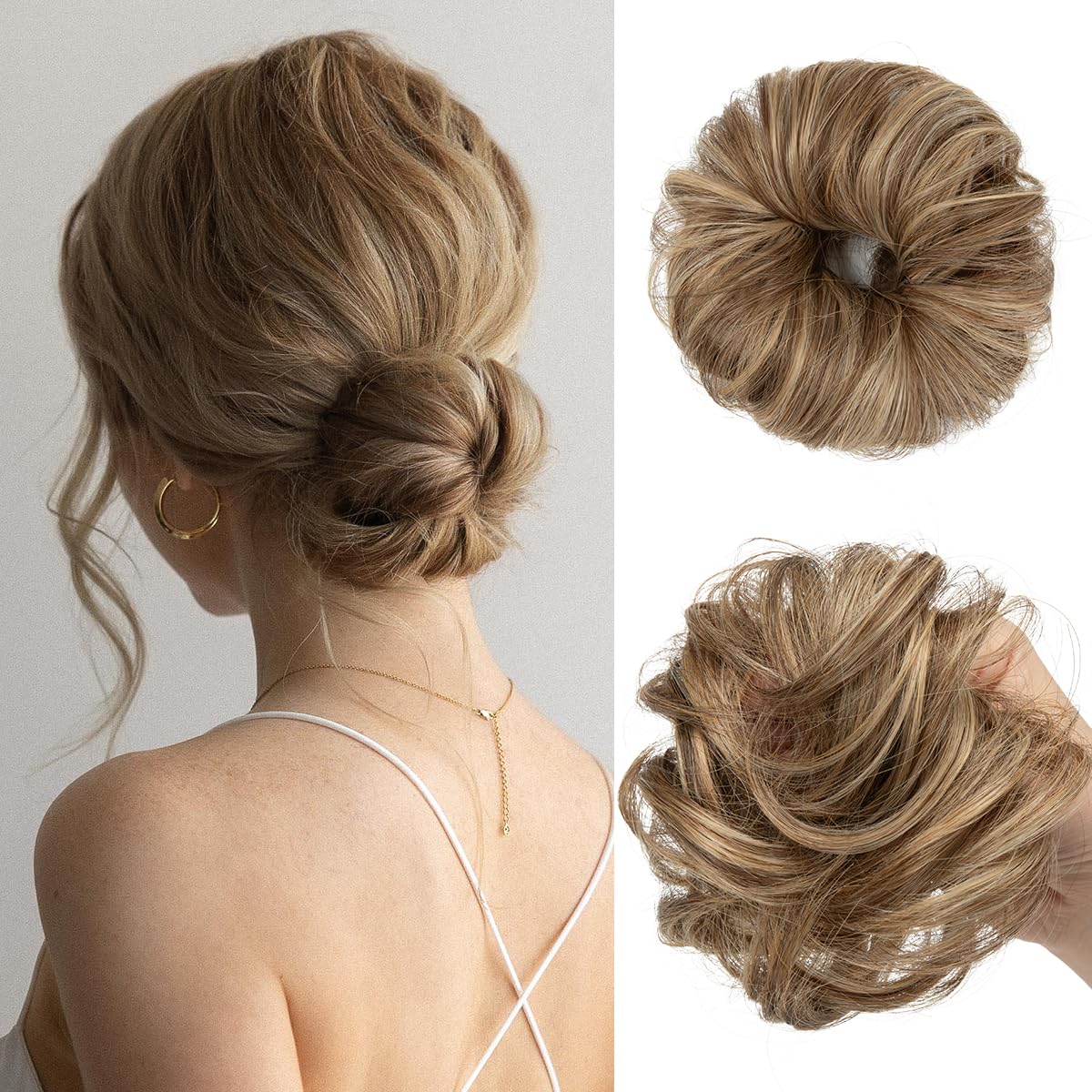 CJL HAIR 2PCs Small Cute Messy Bun Hair Piece for Thin Hair Women Mini Synthetic Curly Bun Scrunchies Updo Hairpieces Dirty Blonde