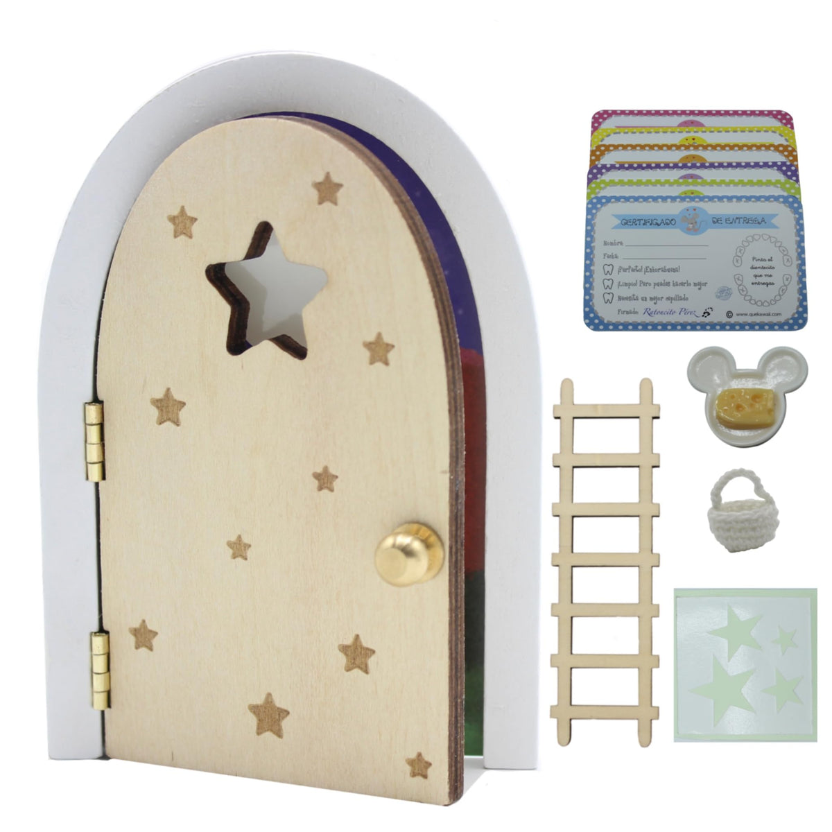 Qué Kawaii® Magical Pérez Mouse kit. Door that Opens and Shines in THE Dark Wooden Door and+Crochet Bag+Stars+Little Mouse that Glows in the Dark+6 certificates in Spanish (ROSA/Pink)