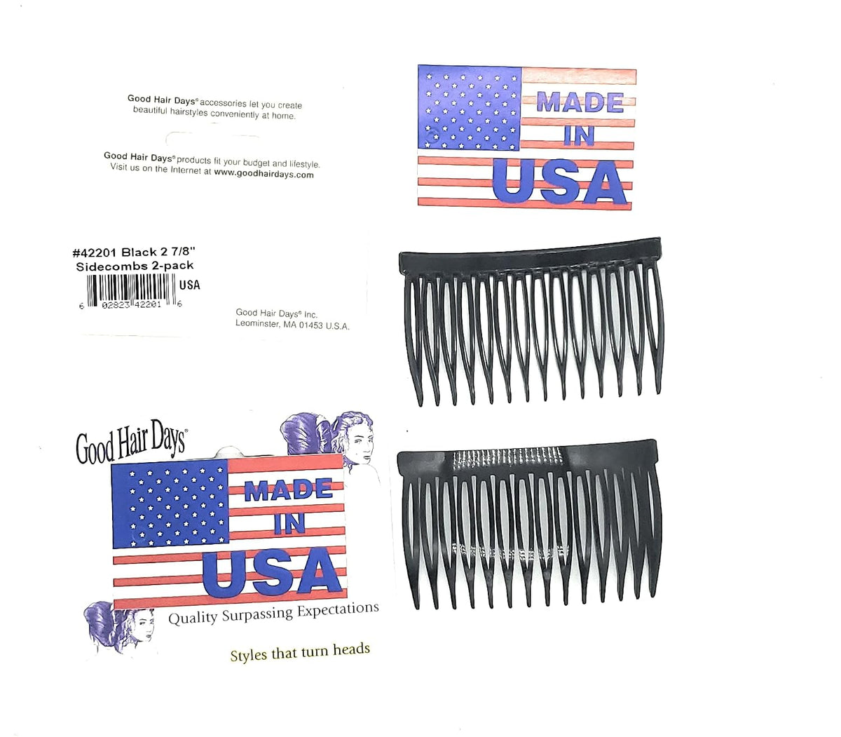 Good Hair Days USA Anti-Slip Side Combs for Daily, Secure Hold, 2⅞", 2 Pack