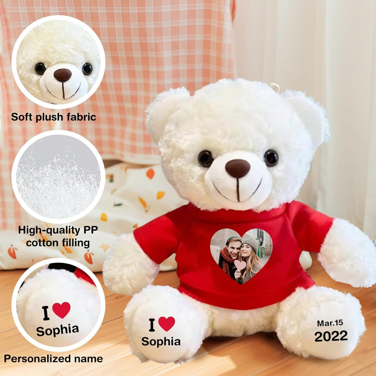 Personalized Bear Stuffed Animal with Picture Text Date, 11 Inch Customized Teddy Bear Plush Toys, Gift for Girlfriend, Boyfriend, Birthday, Anniversary, Valentines (Red Hoodie