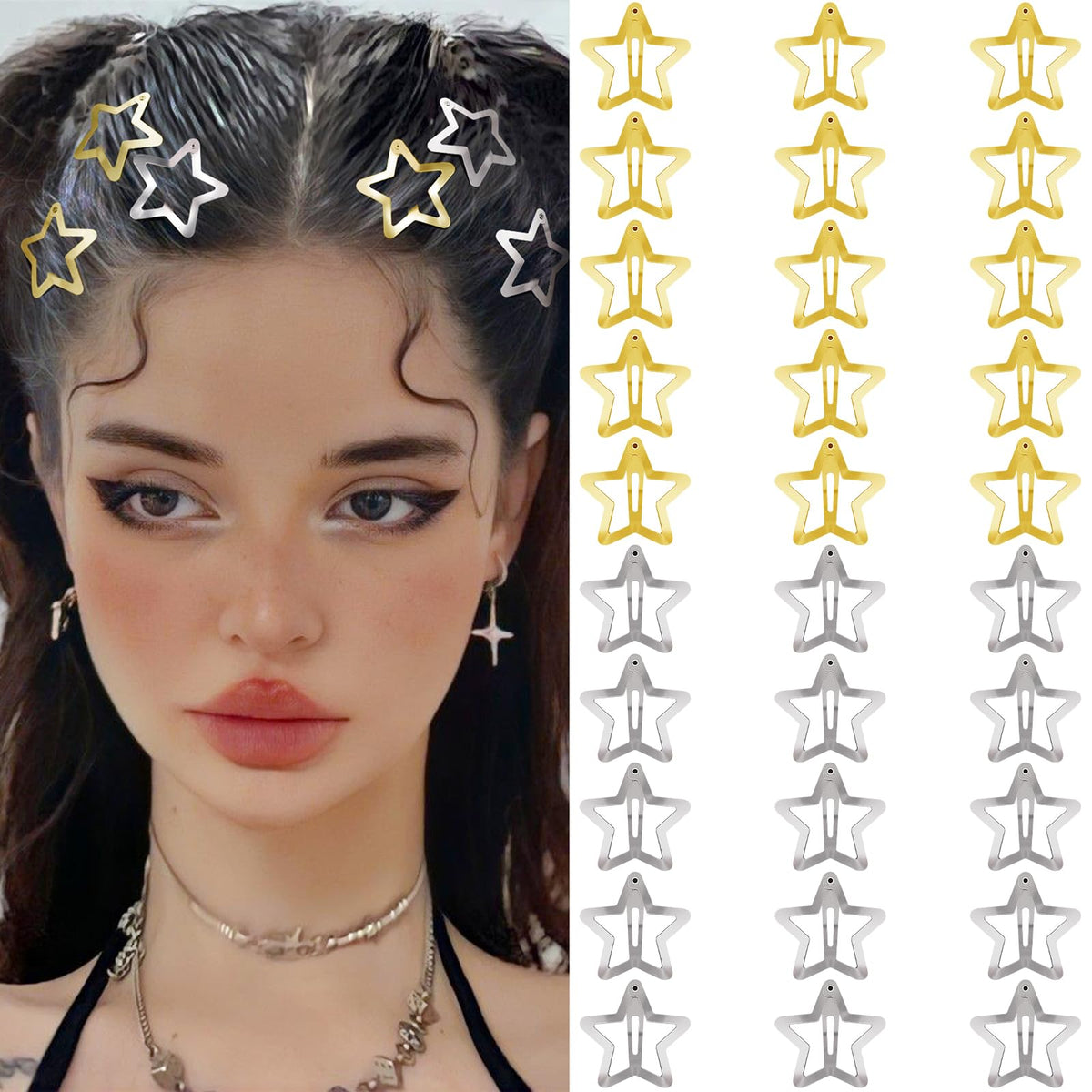 Star Hair Clips 2000s Y2K Snap Hair Barrettes Non Slip Star Hair Accessories Silver Metal Hair Clips for Girls Women -15 PCS 1.57"