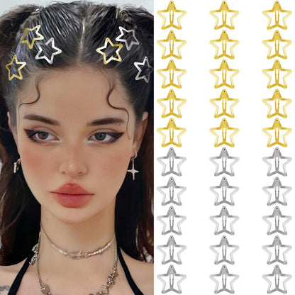 Star Hair Clips 2000s Y2K Snap Hair Barrettes Non Slip Star Hair Accessories Silver Metal Hair Clips for Girls Women -15 PCS 1.57"