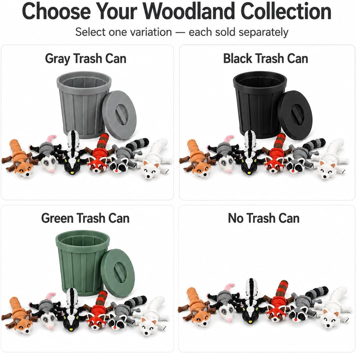 3D-Printed Woodland Animal Figurines, 8-Piece Articulated Raccoon, Fox, Skunk, Opossum, Red Panda and Arctic Fox Set with Black Trash Can