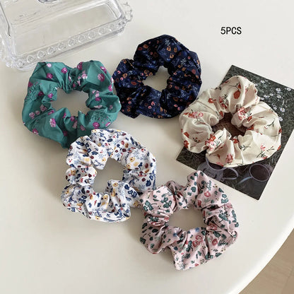 Women's Vintage Pastel Band-Shaped Hairbands & Scrunchies - Plaid/Polka, Floral Prints, Metal Accents, Elastic Fabric Hair Rubber Bands for Everyday Hairstyles