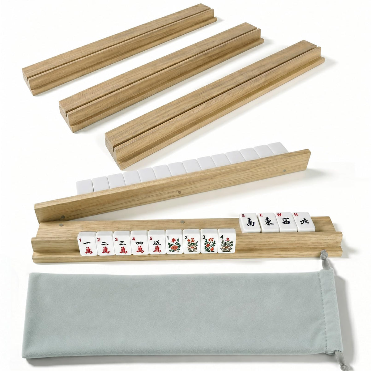 Pink Mahjong Racks with Magnetic Pushers, Set of 4, 17.3" Wooden