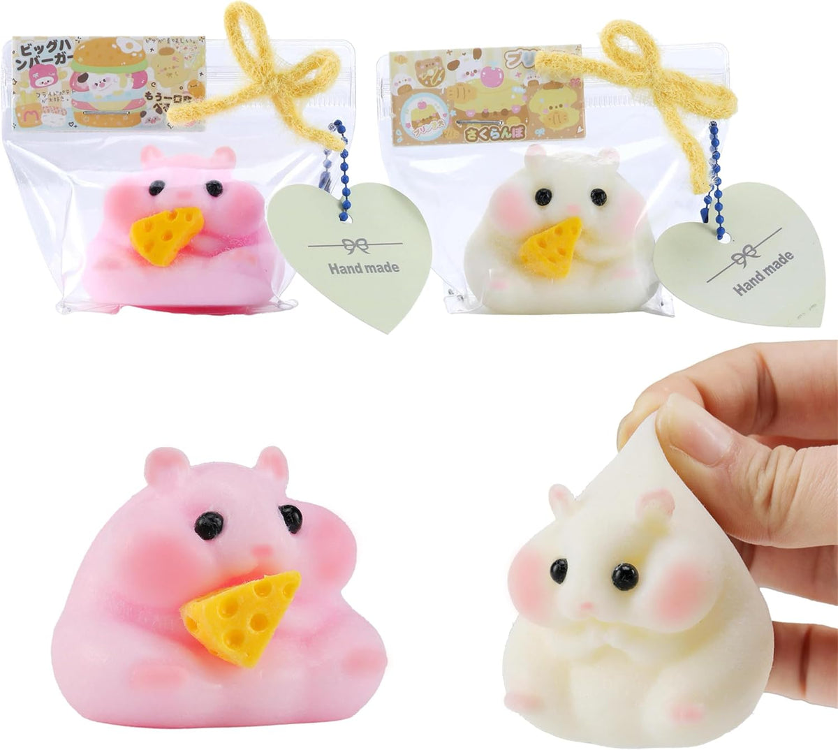 2PCS QCROAD SQUISHY Handmade Taba Hamster Squishy Squeeze Toys - Ultra Soft Silicone Animal Squishies for Kids & Adults, Reusable Non-Violent Squishy Toys for Stress Relief & Relaxation （White&Pink）