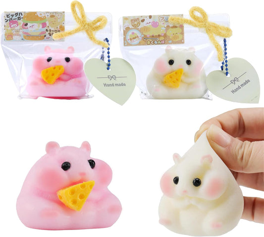 2PCS QCROAD SQUISHY Handmade Taba Hamster Squishy Squeeze Toys - Ultra Soft Silicone Animal Squishies for Kids & Adults, Reusable Non-Violent Squishy Toys for Stress Relief & Relaxation （White&Pink）
