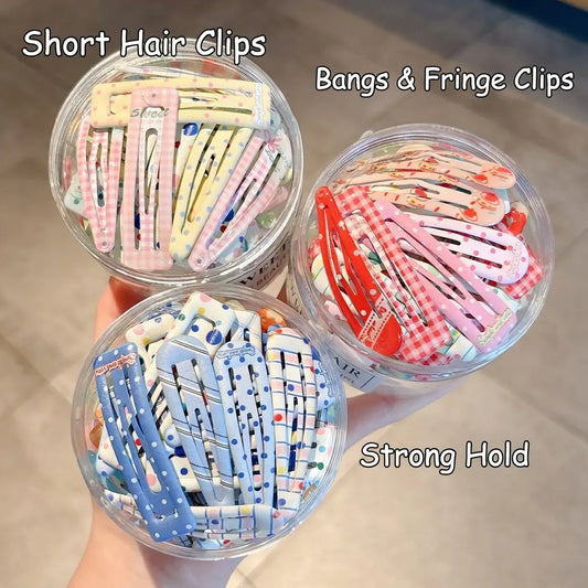 Kids' Cute Pastel Hair Clips & Pins - 4-Piece Glossy Button Set with Checkered, Polka Dot, Heart Patterns, Silver Accents, Girly Fashion Hair Accessories