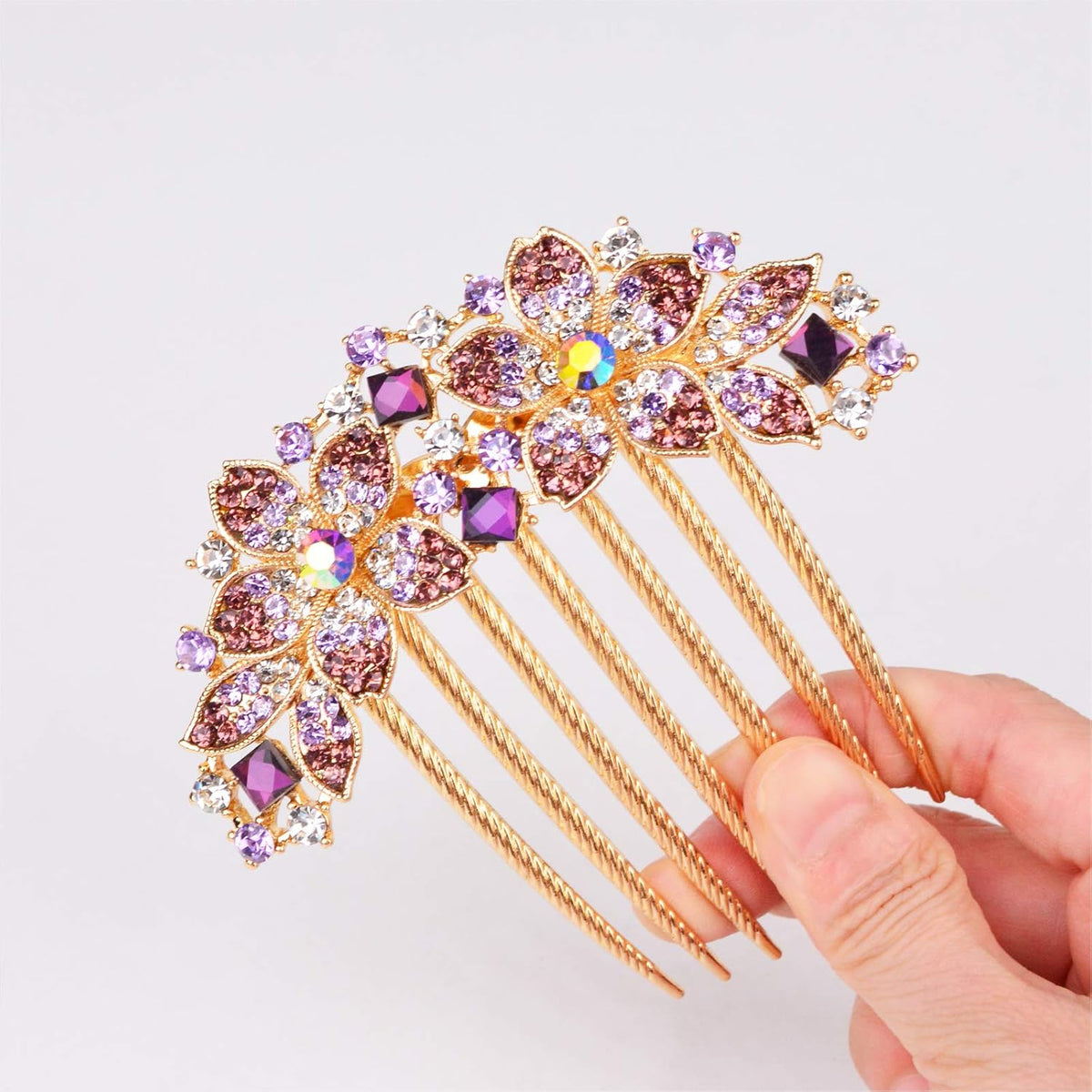 Women Rhinestone Inlaid Flower Hair Comb Hairpin Barrette Accessory,Also Perfect Mother's Day Gifts for Mom (Purple)