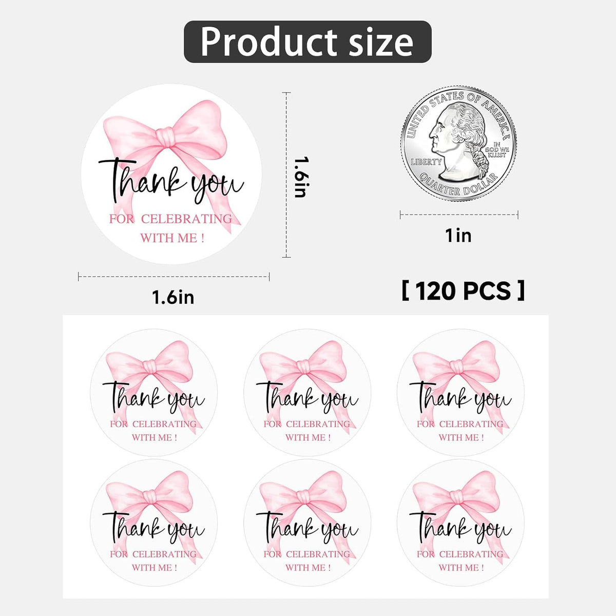 120 Pink Thank You Stickers for Celebrating with Me, Coquette Bow Party Favor Labels for Baby Shower, Birthday & Graduation, Favor Bag Seals for Moms-to-Be, Graduates & Party Hosts, 1.6 Inch