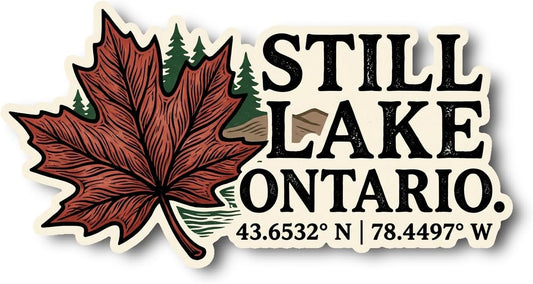 Maple Leaf and Nature Scene Sticker | Still Lake Ontario Coordinates | Vintage Design for Nature Lovers 1LZ7OS