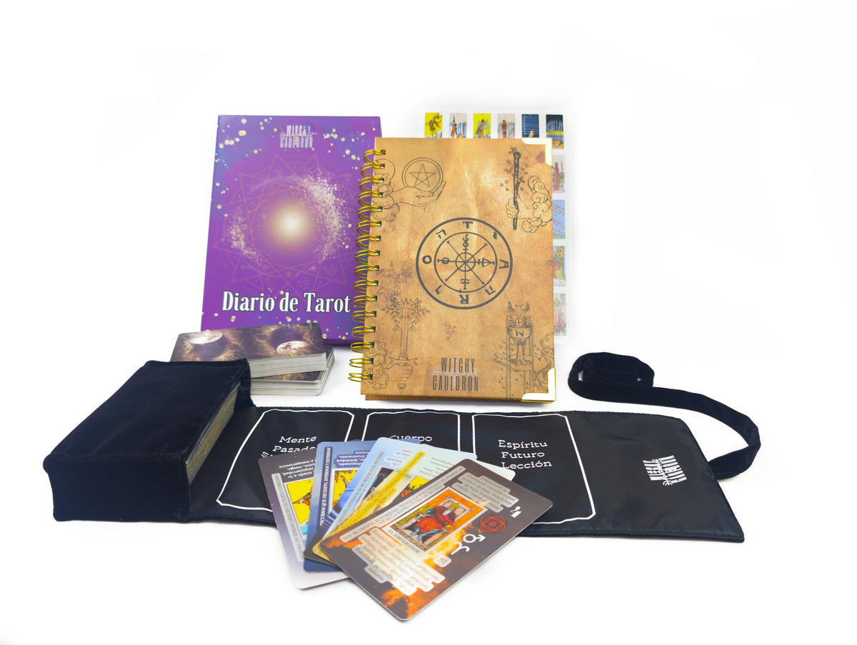 Witchy Cauldron Tarot Learning Kit in Spanish – Cartas de Tarot para Principiantes – Includes Spanish Deck, Journal, Wrap, Stickers – Ideal for Beginners and Enthusiasts (Azul)