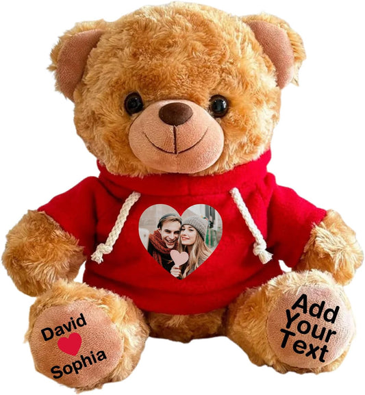 Personalized Bear Stuffed Animal with Picture Text Date, 11 Inch Customized Teddy Bear Plush Toys, Gift for Girlfriend, Boyfriend, Birthday, Anniversary, Valentines (Red Hoodie