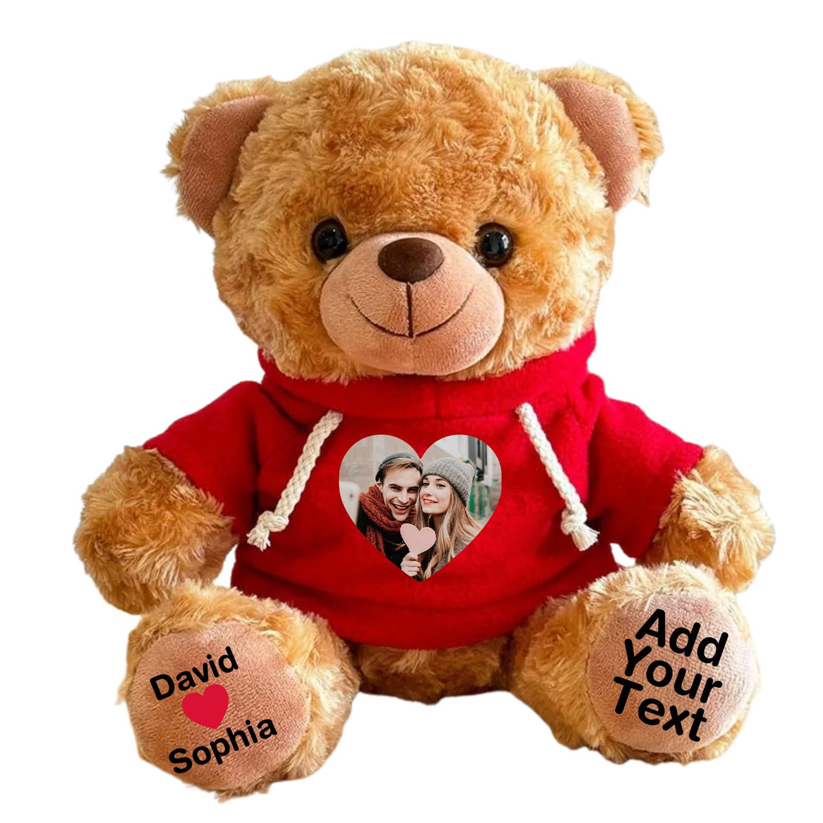 Personalized Bear Stuffed Animal with Picture Text Date, 11 Inch Customized Teddy Bear Plush Toys, Gift for Girlfriend, Boyfriend, Birthday, Anniversary, Valentines (Red Hoodie