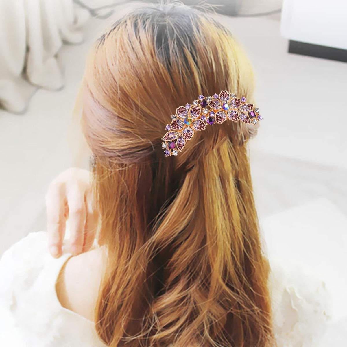 Women Rhinestone Inlaid Flower Hair Comb Hairpin Barrette Accessory,Also Perfect Mother's Day Gifts for Mom (Purple)