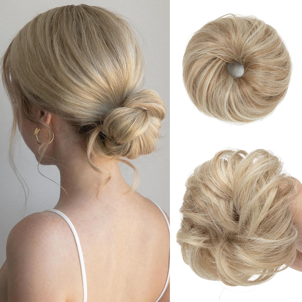 CJL HAIR 2PCs Small Cute Messy Bun Hair Piece for Thin Hair Women Mini Synthetic Curly Bun Scrunchies Updo Hairpieces Dirty Blonde