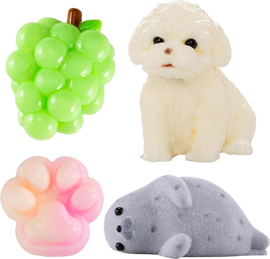 taba Silicone Squishy Animal,Handmade taba Cute Squishy-Puppy, Seal, Cat Paw & Grape（4pcs）
