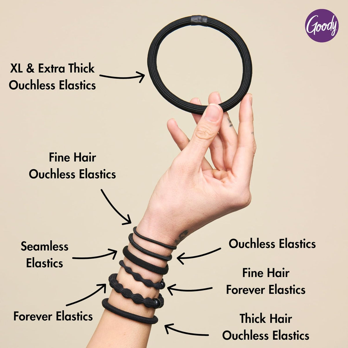 Goody Ouchless Hair Elastics – No Pull, No Breakage, Tangle-Free Hold for Thick, Curly, Coily & Textured Hair – 15 Count, Black, Long-Lasting Ponytail Holders for Women & Men