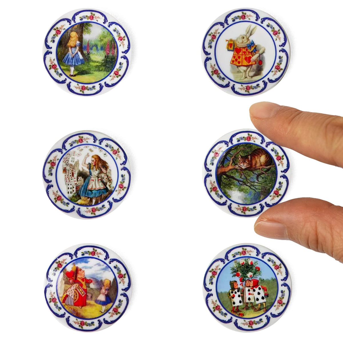 6PCS Handcrafted Miniature Ceramic Plates in 1:12 or 1:6 Scale, Vintage Porcelain Playhouse Dishes (Alice, 3CM)