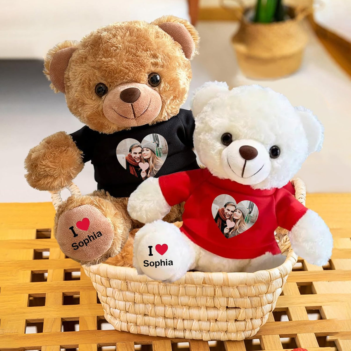 Personalized Bear Stuffed Animal with Picture Text Date, 11 Inch Customized Teddy Bear Plush Toys, Gift for Girlfriend, Boyfriend, Birthday, Anniversary, Valentines (Red Hoodie