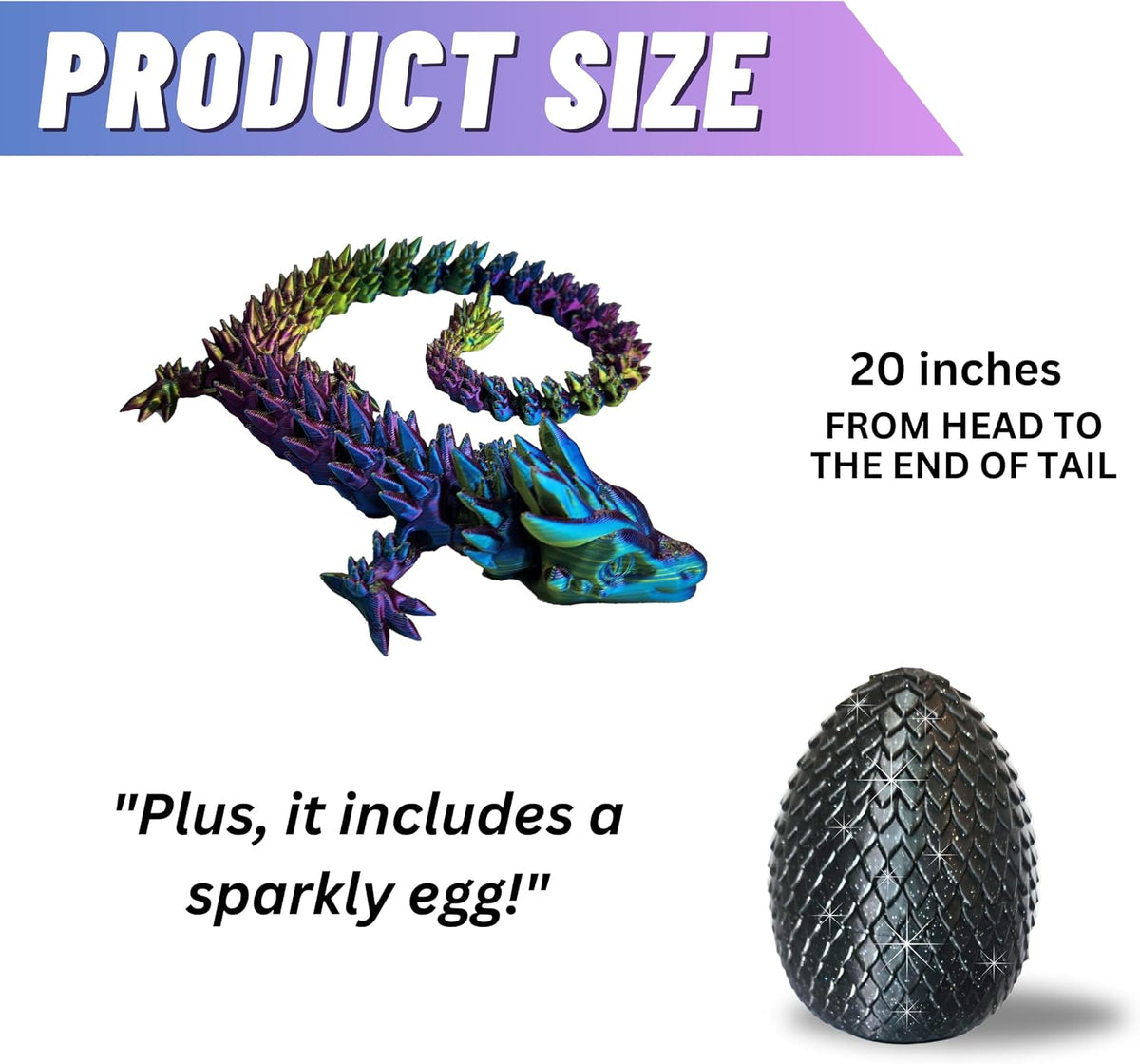 20" Articulated 3D Printed Dragon with Surprise Egg – Flexible Fidget Toy for Kids & Teens, Dragon Egg, Mythical Figurine (Rainbow with Black Egg)