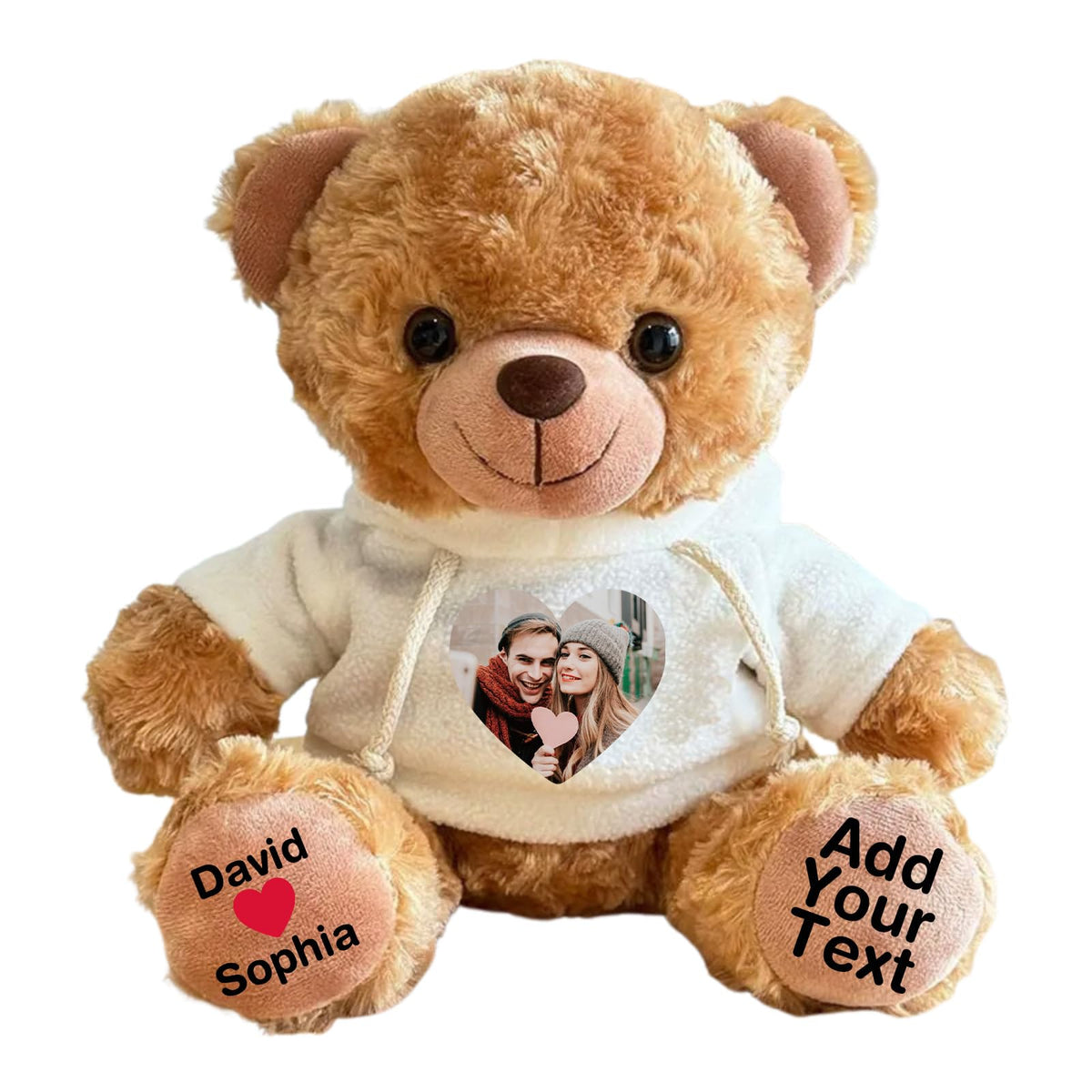 Personalized Bear Stuffed Animal with Picture Text Date, 11 Inch Customized Teddy Bear Plush Toys, Gift for Girlfriend, Boyfriend, Birthday, Anniversary, Valentines (Red Hoodie