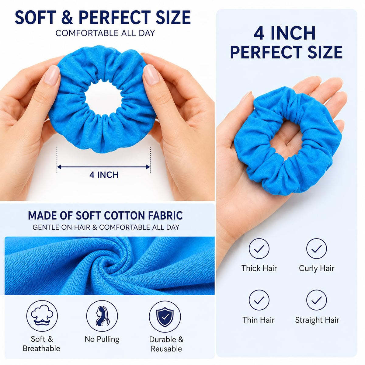 12 Pack Cotton Hair Scrunchies for Women & Girls, 4 Inch Colorful Elastic Hair Ties, No Damage Ponytail Holders for Thick Thin Curly Straight Hair, Soft Stretch Hair Accessories