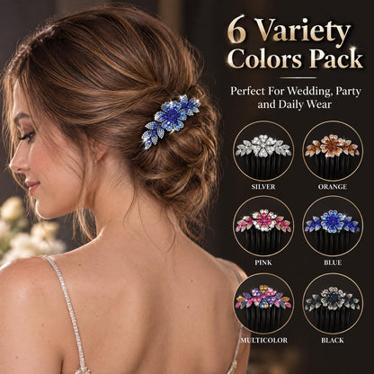 Lawie 6 Pack Luxury Sparkly Glitter Flower Leaf Rhinestone Black Plastic Side French Twist Hair Combs Long Teeth Slide Hairpins Barrettes Bun Chignon Clips Long Thick Hair Holder Accessories for Women
