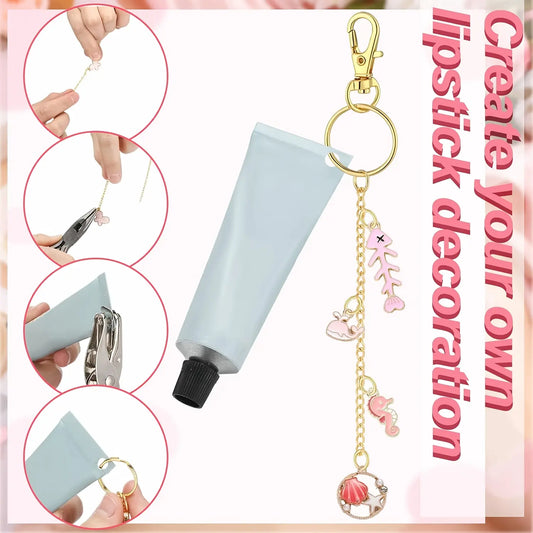 Women's DIY Lip Gloss Keychain Making Kit - Customized Gifts Craft Supplies with Bag Charms, Metal Parts, Ring Swivel Hook, Lobster Claw Clasps, Charm Mix, 200 Jump Rings, Extender Chains for Key Personalization