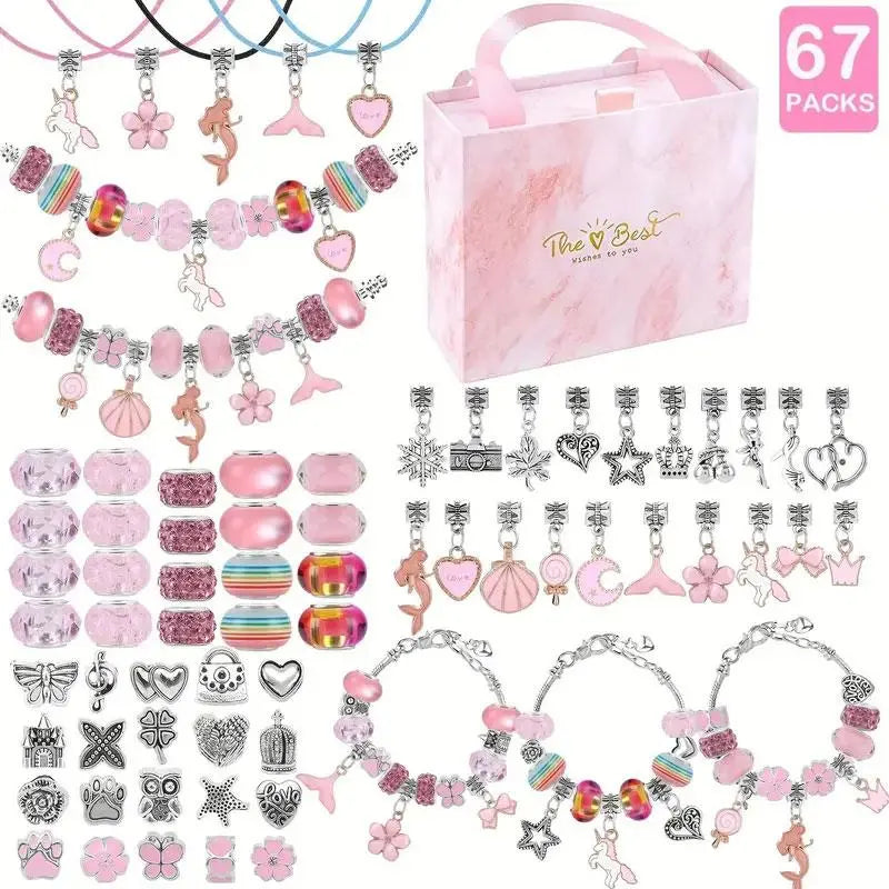 67-Piece DIY Jewelry Accessories with Charms Mix Beads Bracelet Kit for Girls Aged 6-10, Includes Jewelry Making Supplies & Portable Box, Bracelet Beads and Charms, Perfect Birthday Gift Idea, Jewelry Making Kits