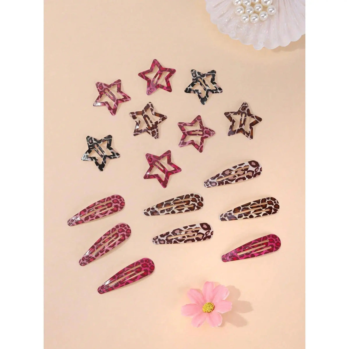 Women's 16pcs Leopard & Star Shapes Hair Clips Set - Female Casual Wear Everyday Accessories, Simple Clip Hair Pins & Barrettes Kit