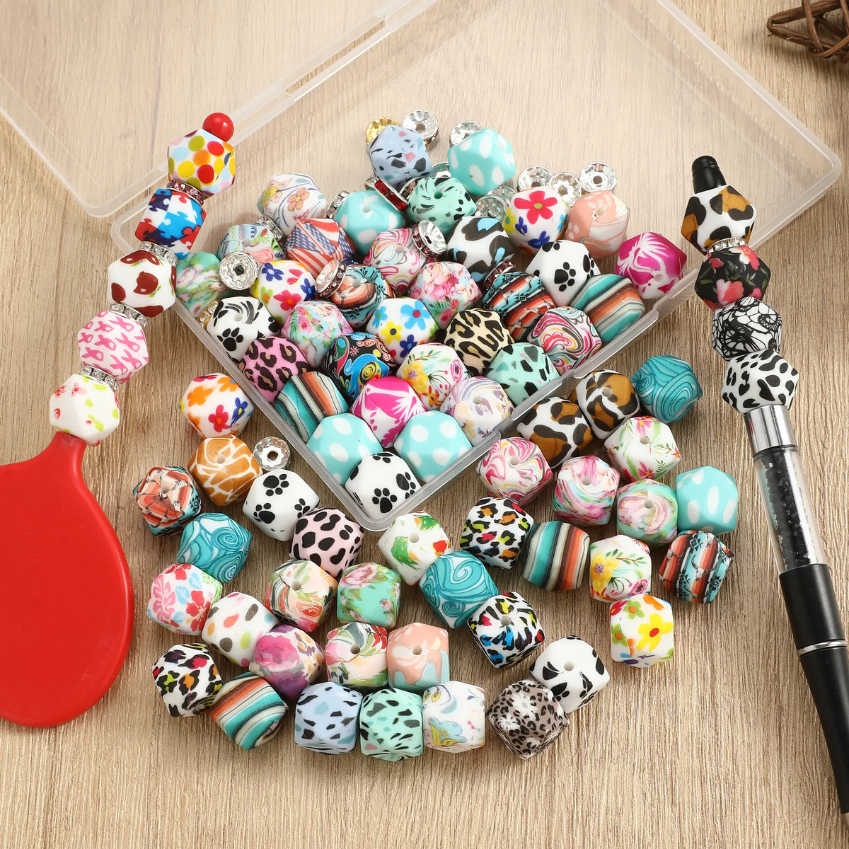 107-piece polygonal watermark silicone bead kits, including hexagonal beads and crystal spacer beads, suitable for DIY keychains, DIY bead accessories, beading pens, and handmade materials, etc., Bead Assortments, Diy Accessories Set