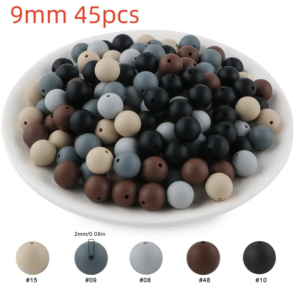 45pcs 9/12/15mm Solid Color Silicone Round Beads Combination DIY Beads Set Mixed in 5 colors Suitable for Making Beaded pens Bracelets and Phone Lanyards