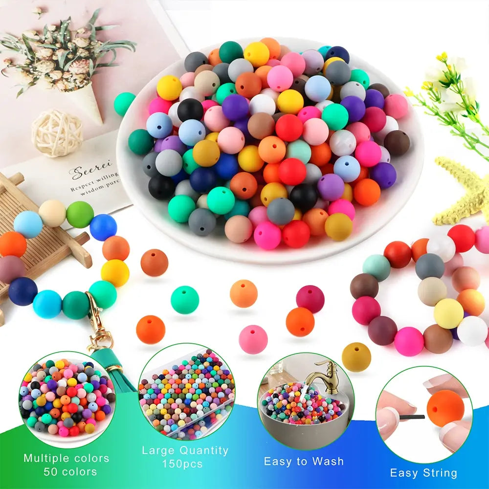 45pcs 9/12/15mm Solid Color Silicone Round Beads Combination DIY Beads Set Mixed in 5 colors Suitable for Making Beaded pens Bracelets and Phone Lanyards