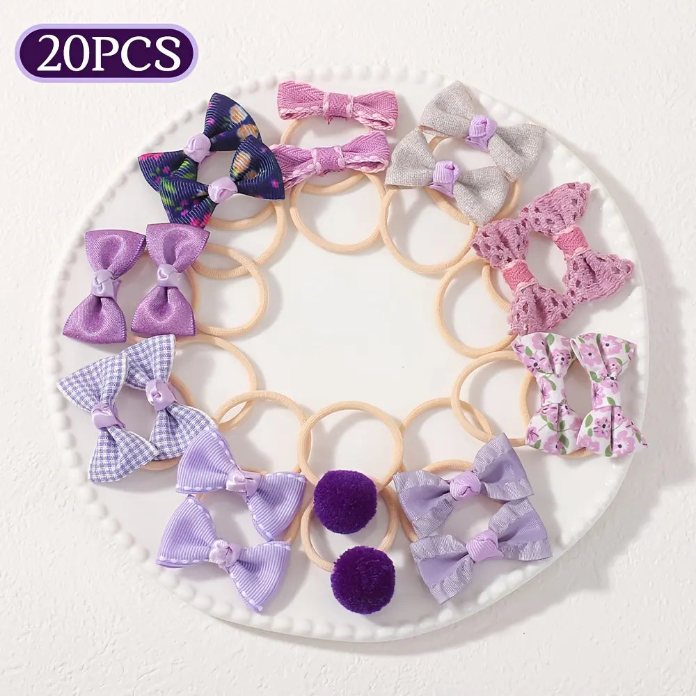 20‑Pcs Boho‑Style Fabric Bow & Flower Hair Ties, Cute Elastic Hair Scrunchies, Soft Decorative Hair Accessories for Daily Hairstyle Styling  >,sohochic