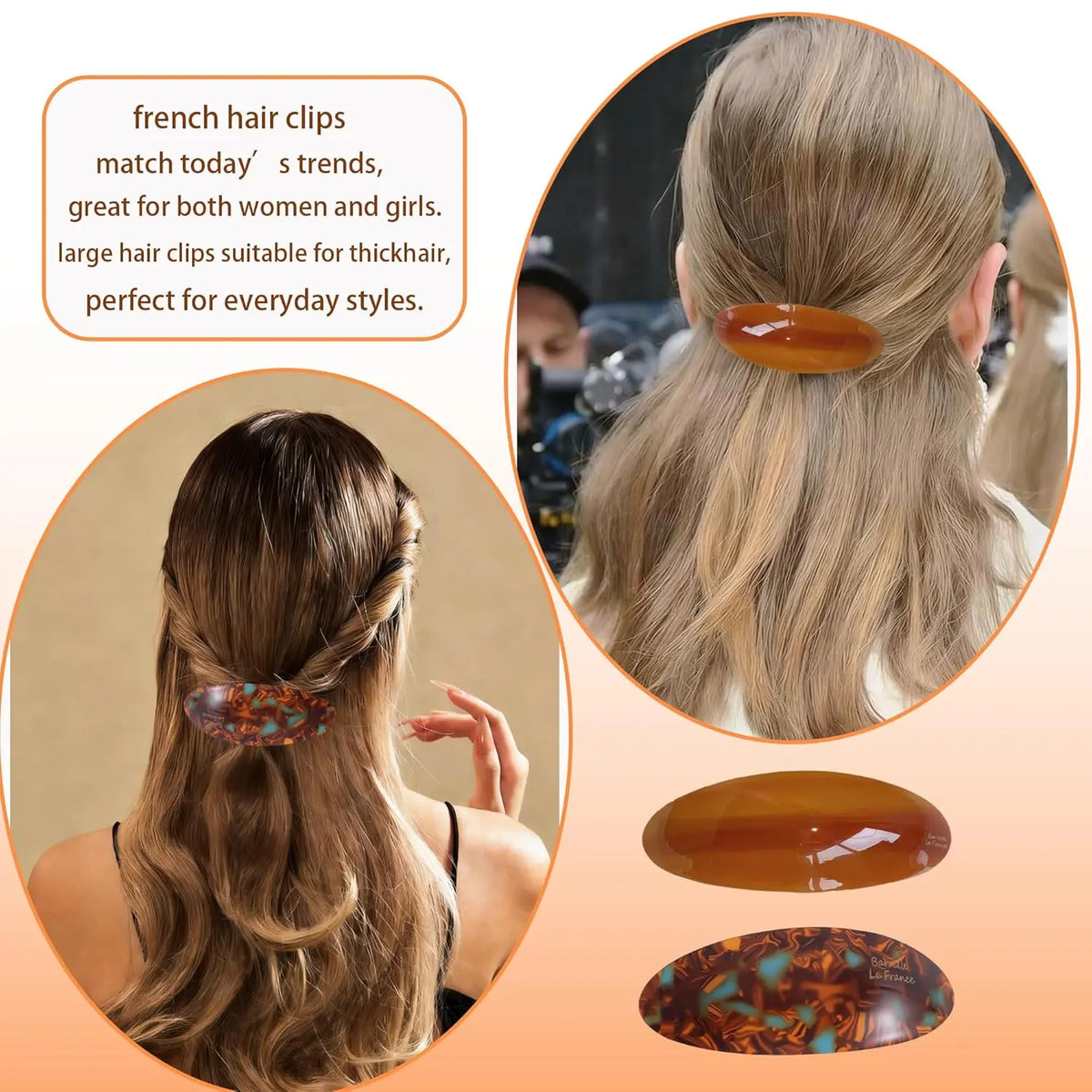Female 3PCS Tortoiseshell Acetate Snap Hair Barrettes - Suitable for Thick/Thin Hair, Everyday Styling