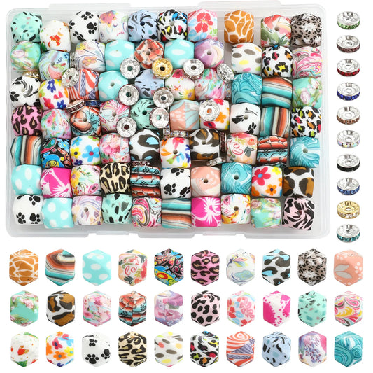 107-piece polygonal watermark silicone bead kits, including hexagonal beads and crystal spacer beads, suitable for DIY keychains, DIY bead accessories, beading pens, and handmade materials, etc., Bead Assortments, Diy Accessories Set