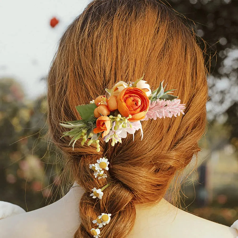 Wedding Flower Hair Comb Boho Wedding Orange Bridal Headpieces Hairpins Bride Hair Combs Floral Slide Hairing Clips Accessories for Women and Girls Long Hair